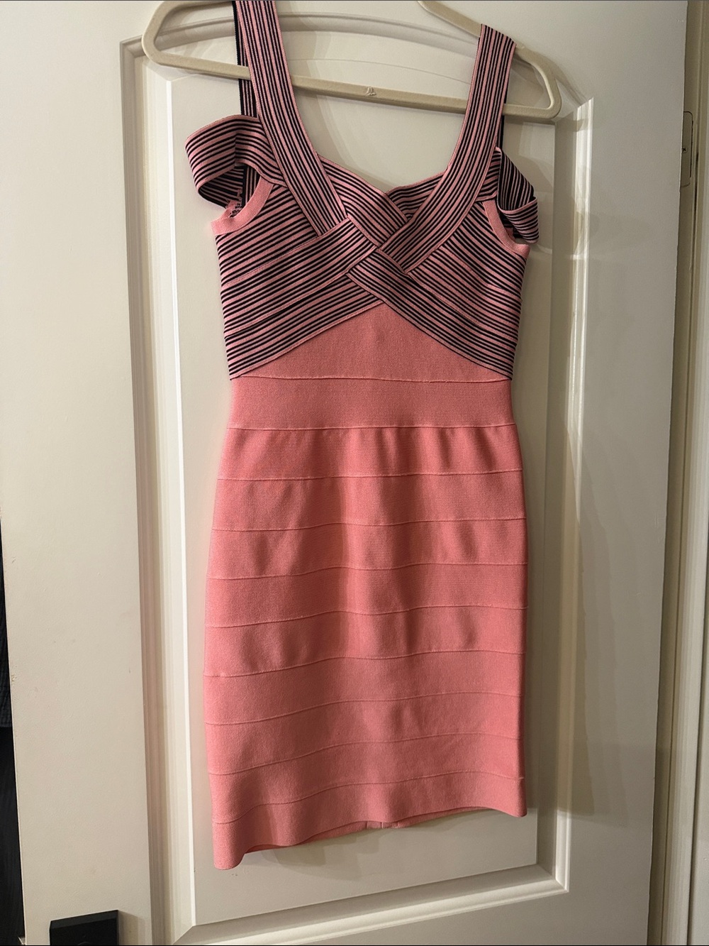 Herve Leger Pink and Black Striped Cross-Front Mini Dress